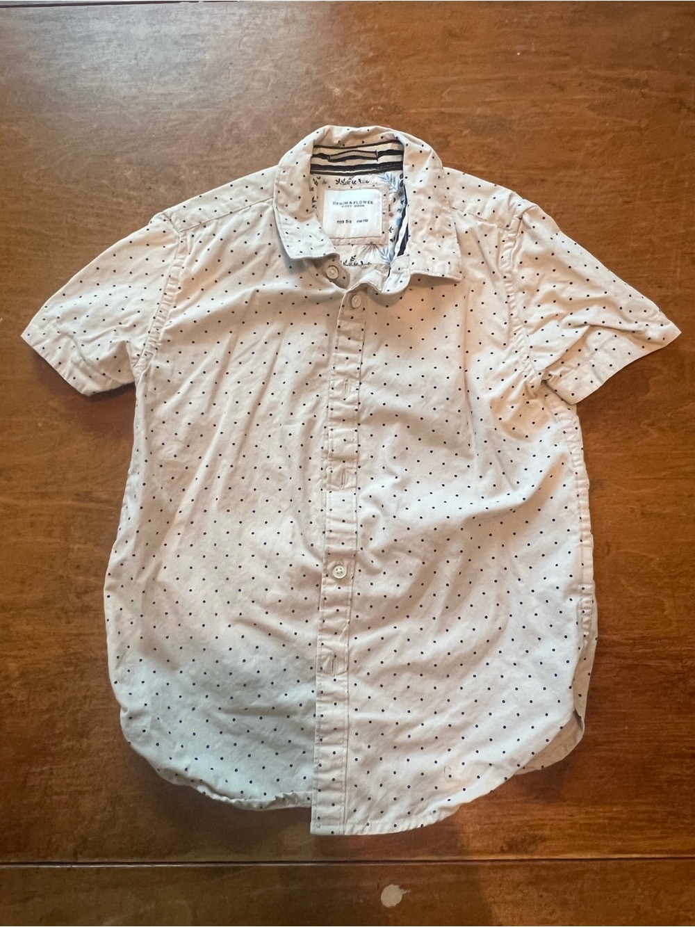 Denim & Flower Boys Button Down Shirt 5/6 White Navy Polka Dot Short Sleeve